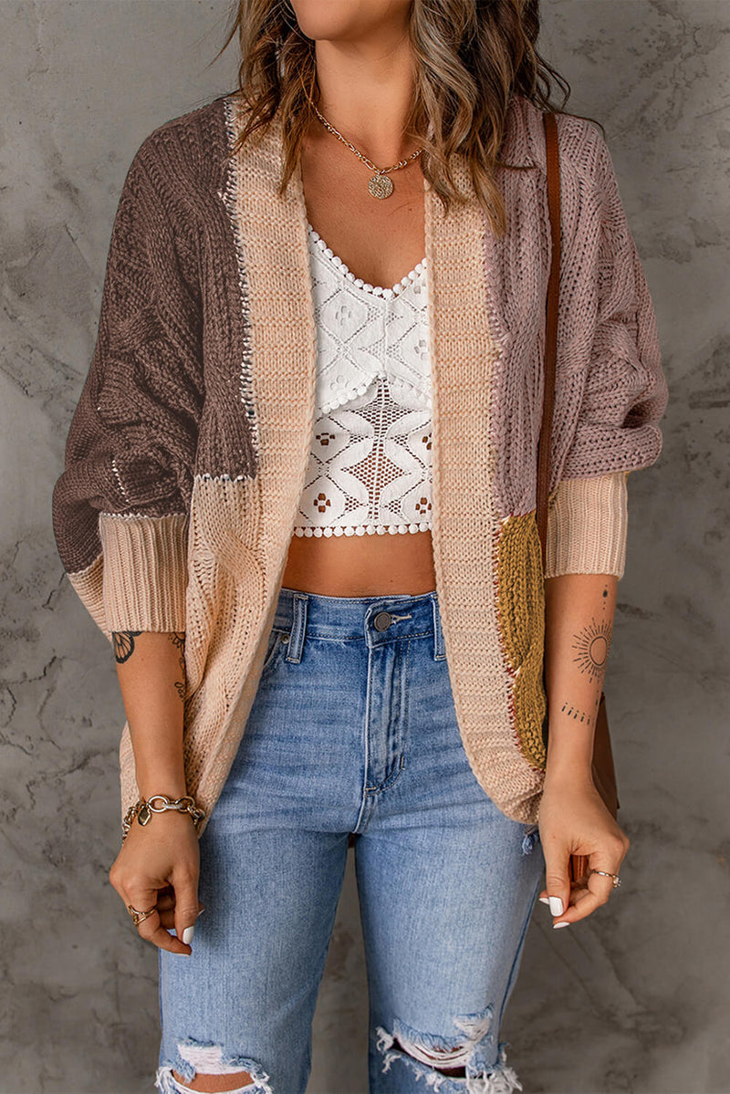 Woven Right Color Block Cable-Knit Batwing Sleeve Cardigan