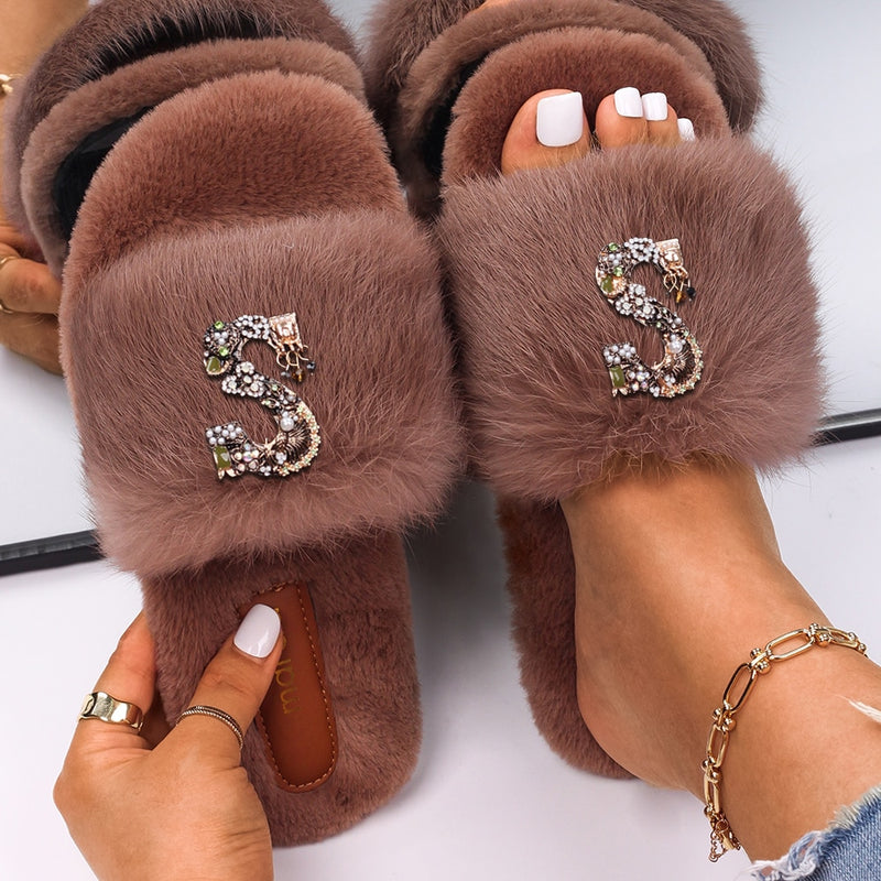 Women's Faux Fur Rhinestone Letter Slides