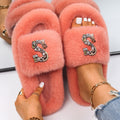 Women's Faux Fur Rhinestone Letter Slides