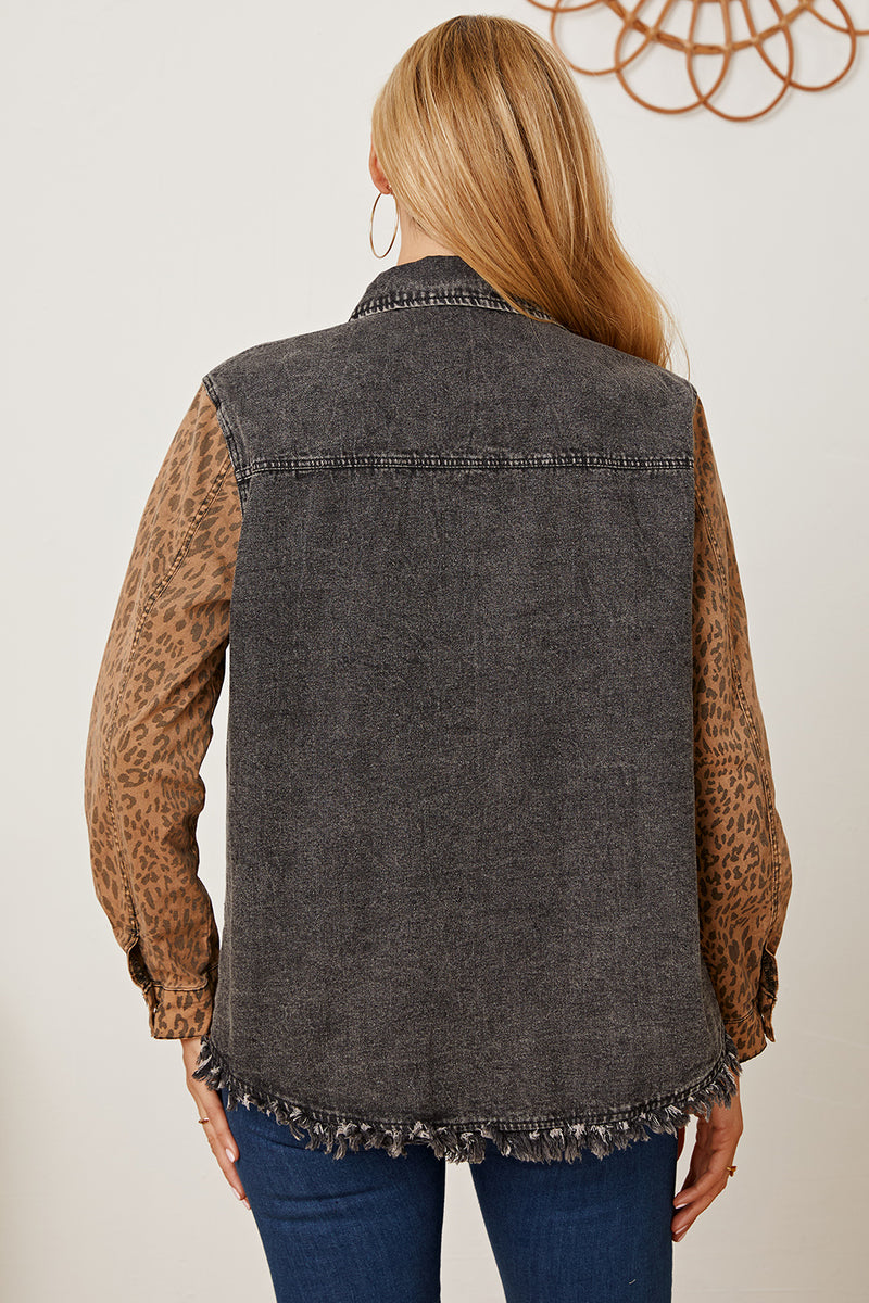 MeiMei Leopard Raw Hem Pocketed Denim Jacket