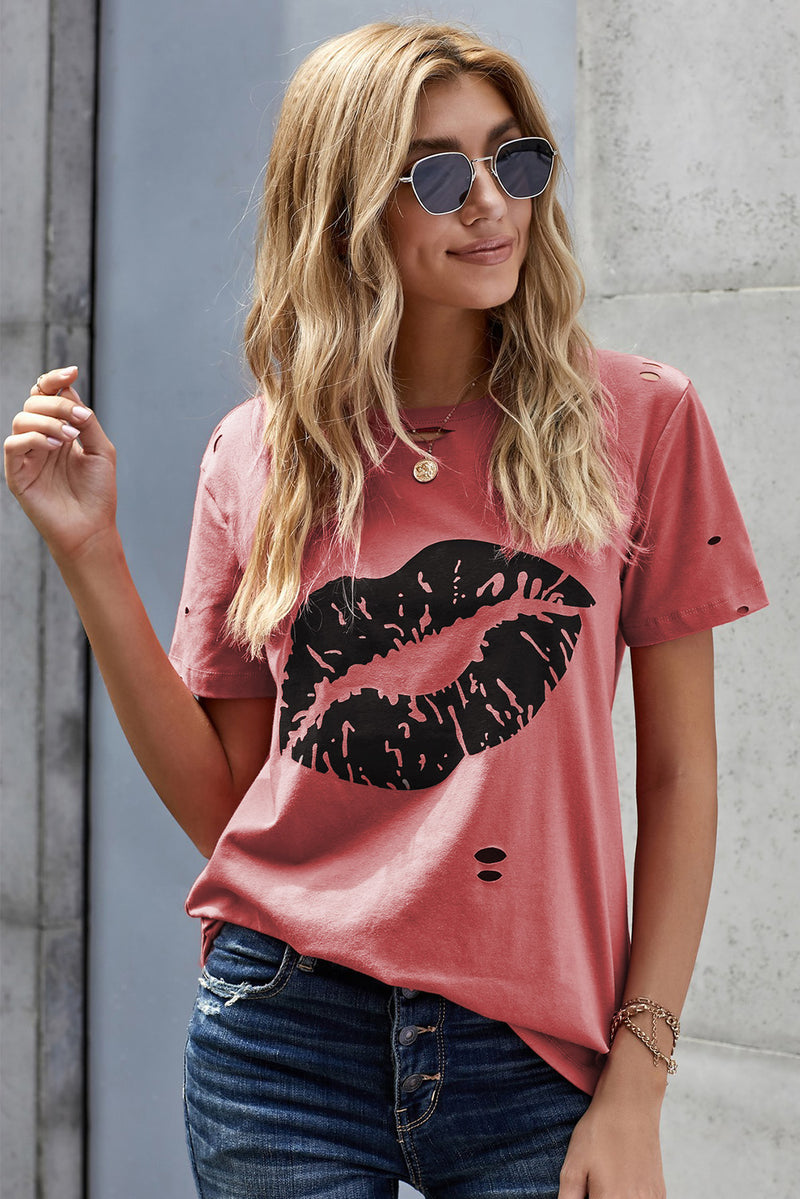 T-shirt effet vieilli à lèvres léopard