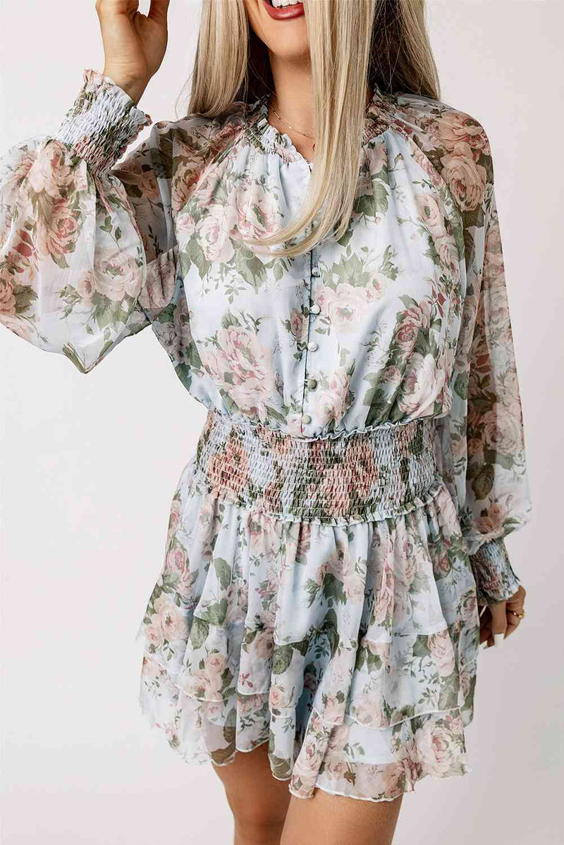 Mini-robe superposée florale à taille smockée