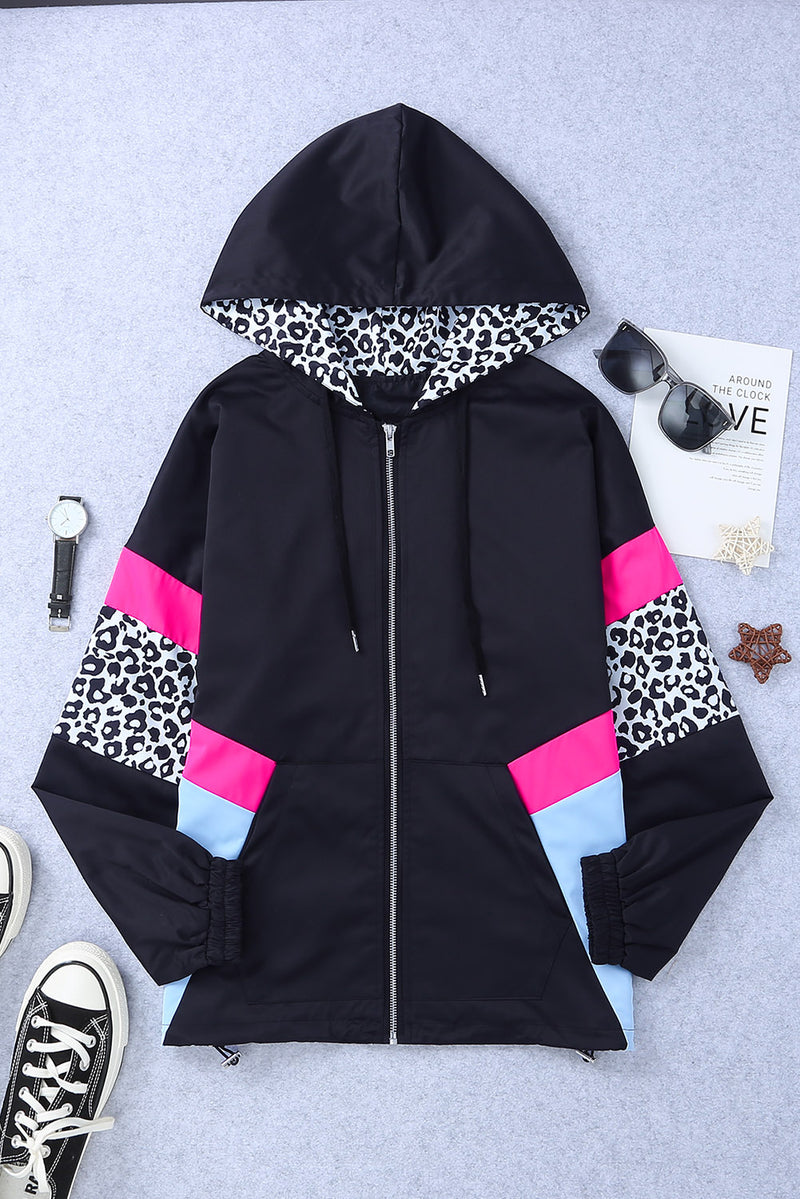 Veste à capuche zippée à blocs de couleur léopard
