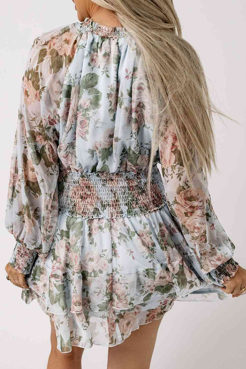 Floral Smocked Waist Layered Mini Dress