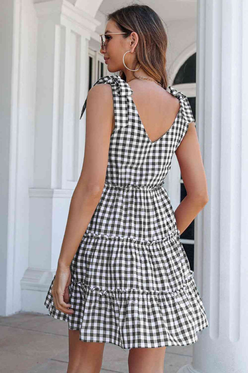 Plaid Tie Shoulder Frill Trim Tiered Dress