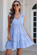 Plaid Tie Shoulder Frill Trim Tiered Dress