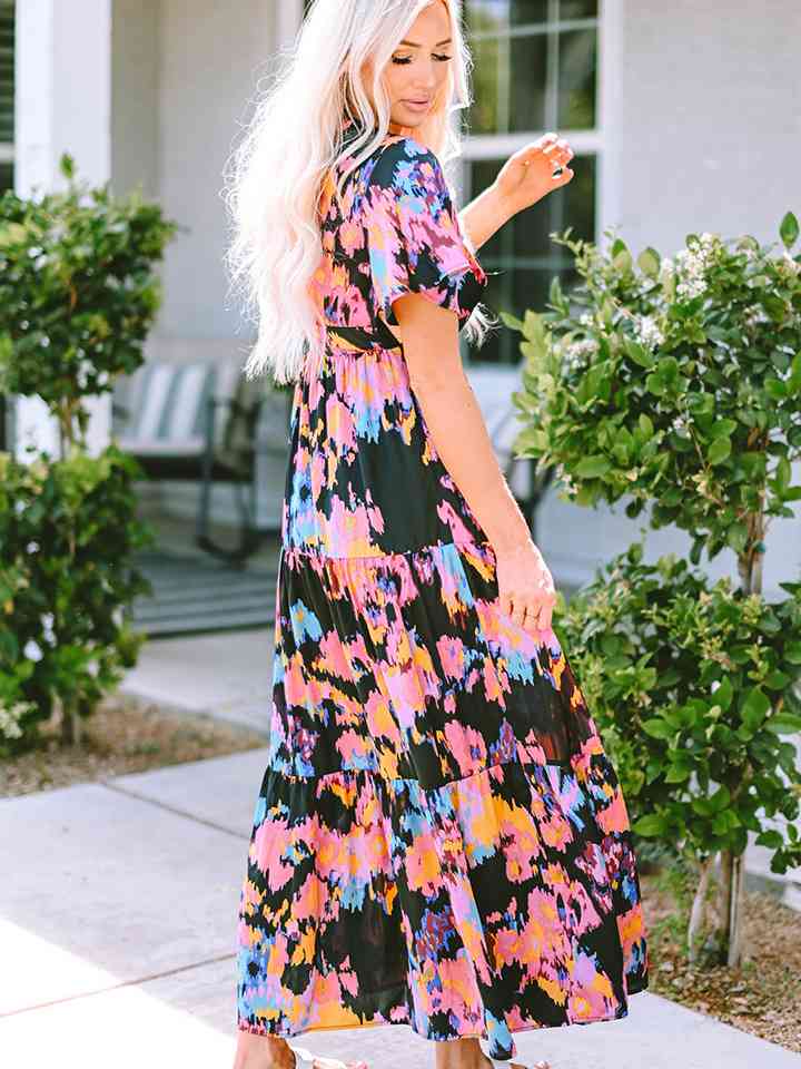 Printed V-Neck Short Sleeve Maxi Dress