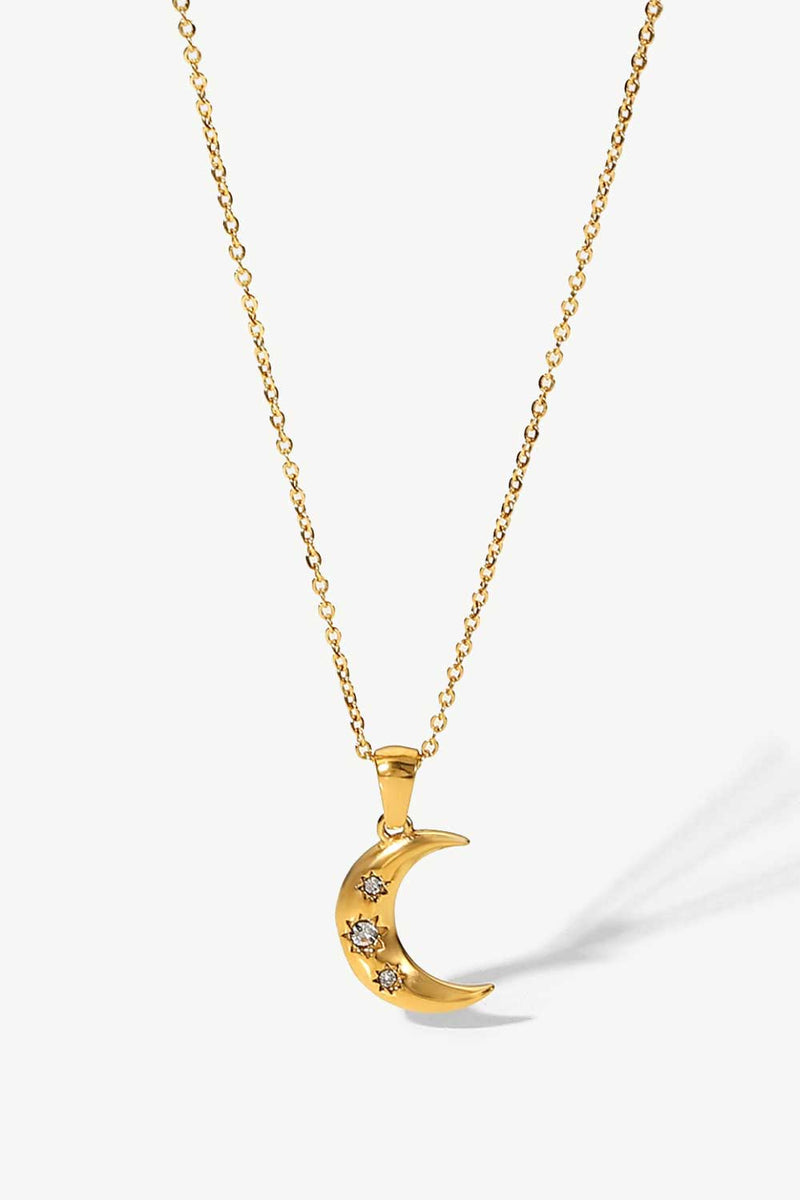 Collier Pendentif Lune Zircon Incrusté Plaqué Or 18K