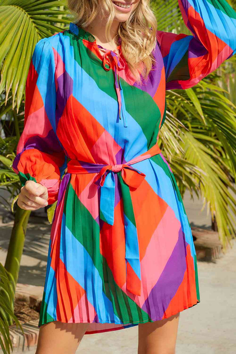 Multicolored Tie-Waist Pleated Balloon Sleeve Dress