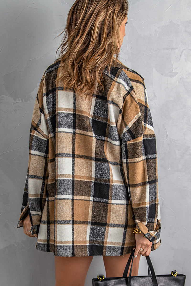 Double Take Plaid Dropped Shoulder Pocketed Shirt Jacket