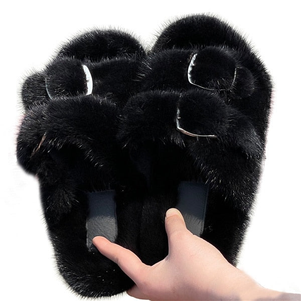 Women's Double Strapped Furry Fluffy Slippers