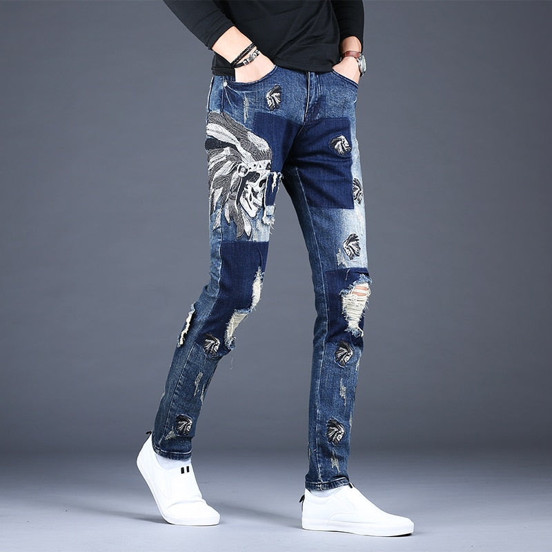 Men's Blue Patch Distressed Slim Fit Jeans