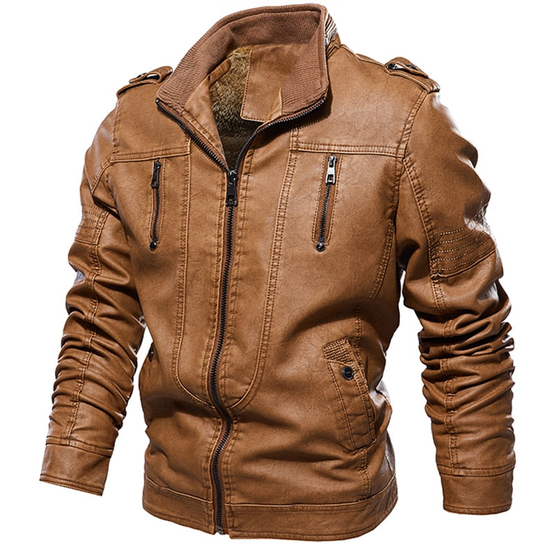 Chaqueta de cuero de PU con interior de vellón retro para hombre