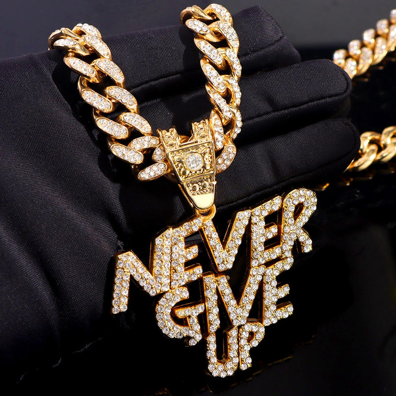 NEVER GIVE UP Unisex Letter Pendant Iced Out Necklace