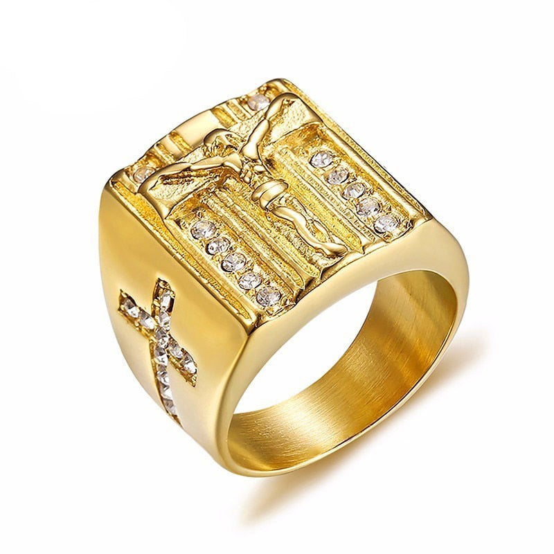 ZORC Men's Gold Color Punk Cross Ring