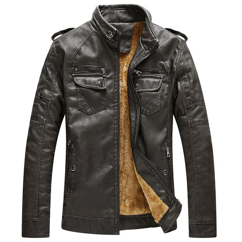 Men's Winter Thick Wool Interior PU Leather Jacket