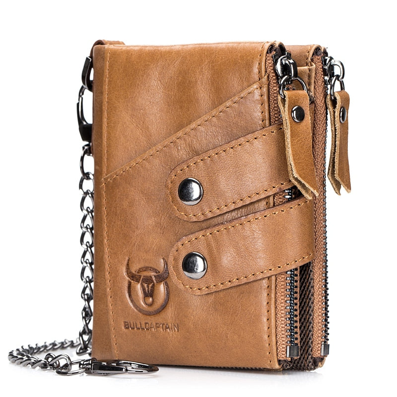 BULLCAPTAIN Genuine Leather Zipper Wallet W/Chain