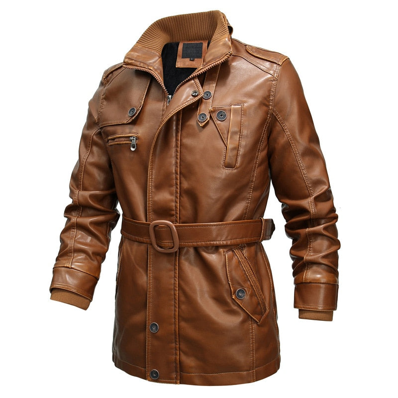 Men's Motorcycle Windproof Long Faux Leather Jacket