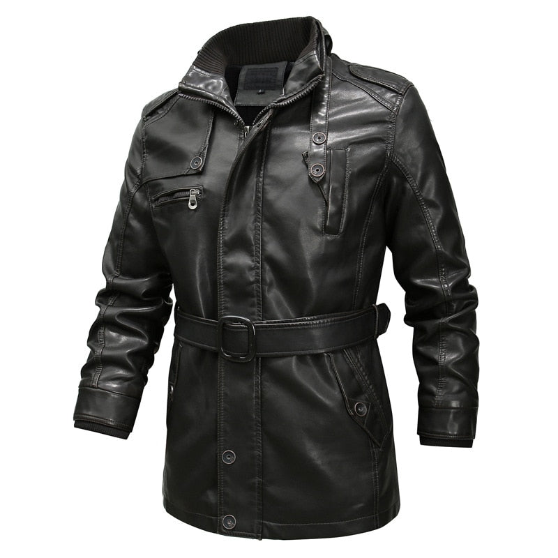 Men's Motorcycle Windproof Long Faux Leather Jacket