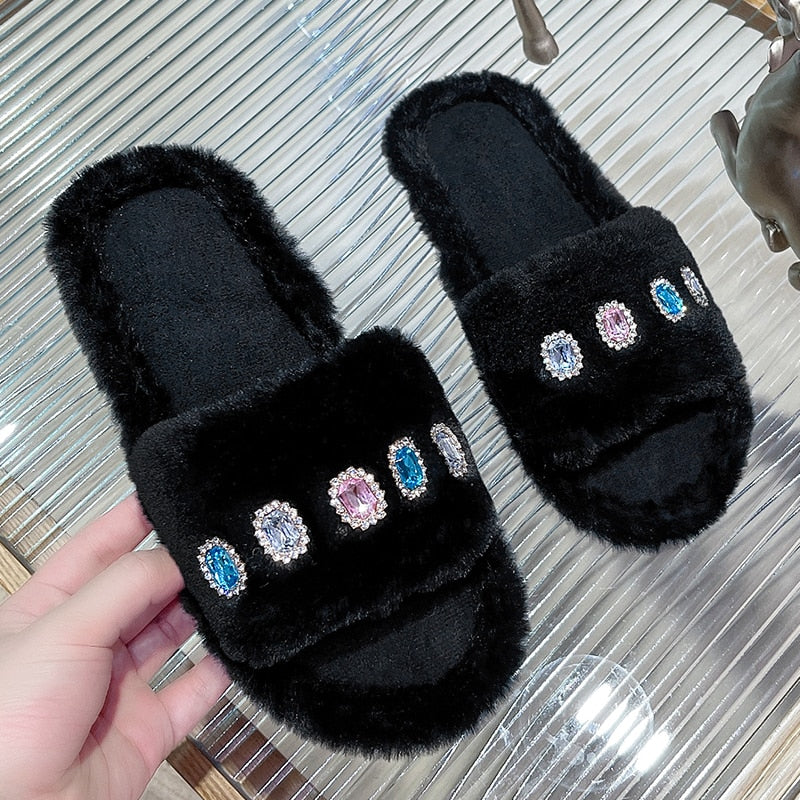 Pantuflas peludas para mujer con detalles de piedras preciosas de estrás 