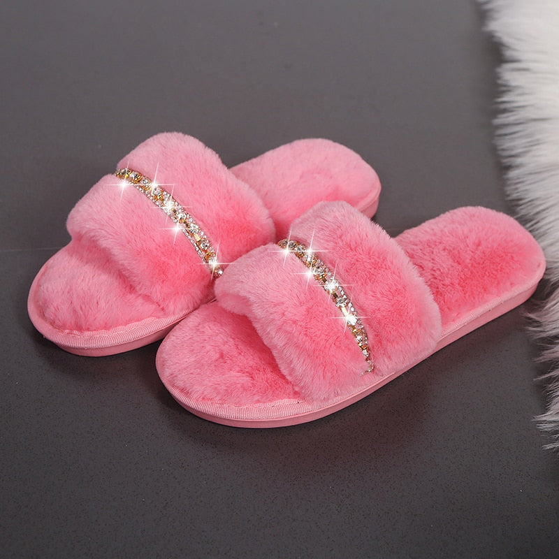 Women's Casual Furry Slippers W/ Rhinestones Detail