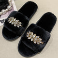 Women's Furry Slippers W/ Crystal Flower Detail