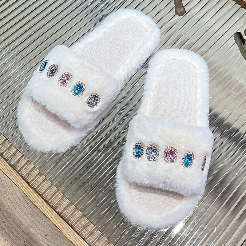 Pantuflas peludas para mujer con detalles de piedras preciosas de estrás 