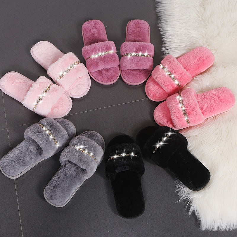 Women's Casual Furry Slippers W/ Rhinestones Detail