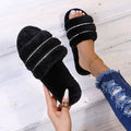 Women's Furry Non-Slip Slippers W/ Rhinestone Details