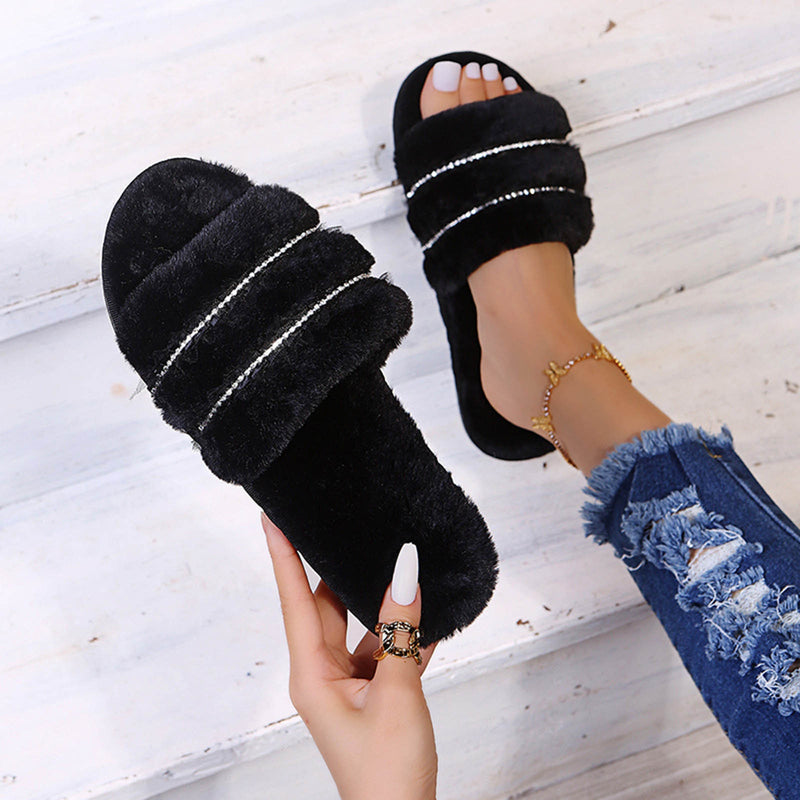 Women's Furry Non-Slip Slippers W/ Rhinestone Details