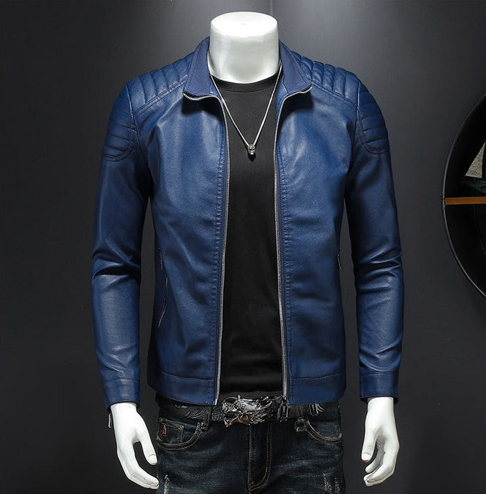 BOUS Chaqueta de piel sintética plisada con cuello alzado para hombre