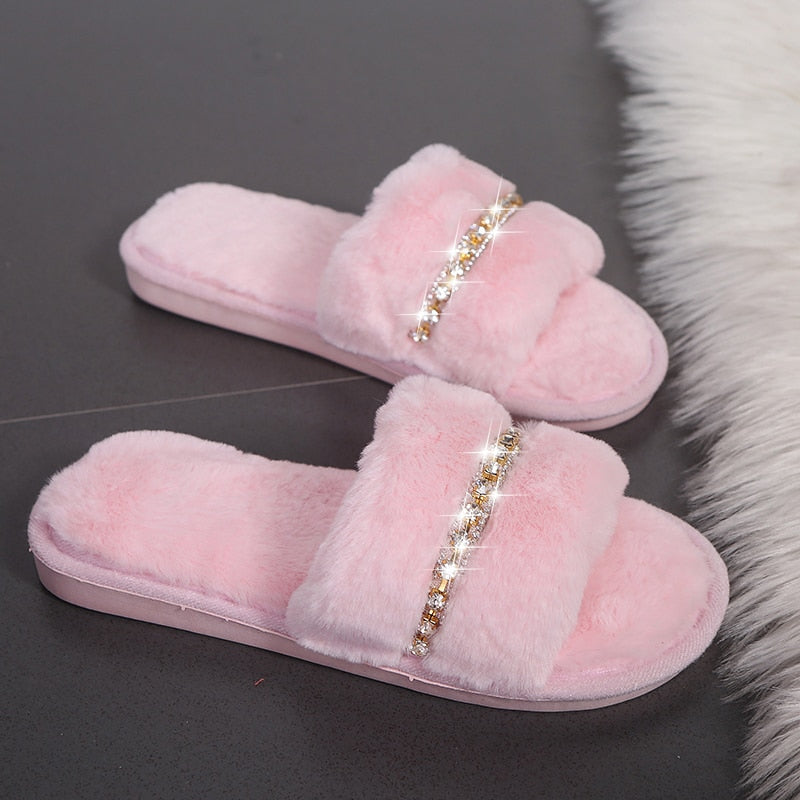 Women's Casual Furry Slippers W/ Rhinestones Detail