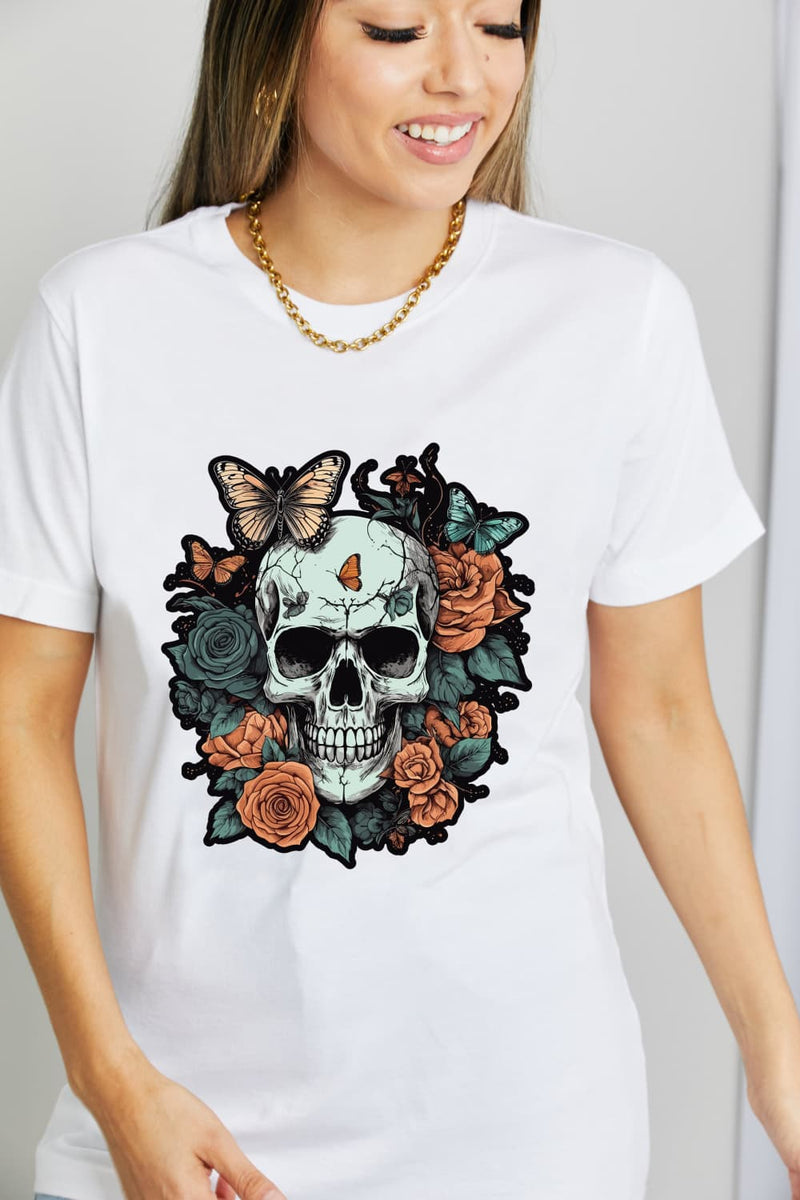 Camiseta de algodón con estampado de calavera de tamaño completo de Simply Love