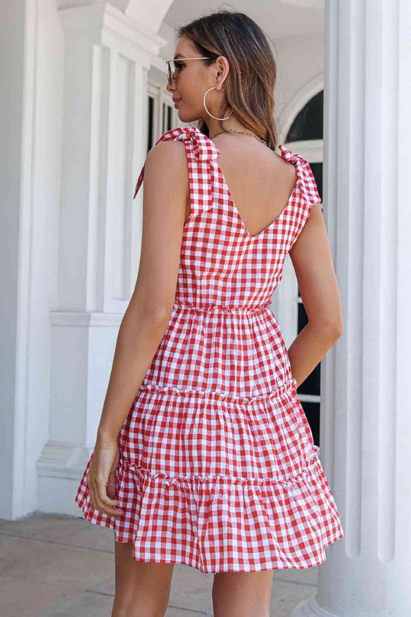 Plaid Tie Shoulder Frill Trim Tiered Dress