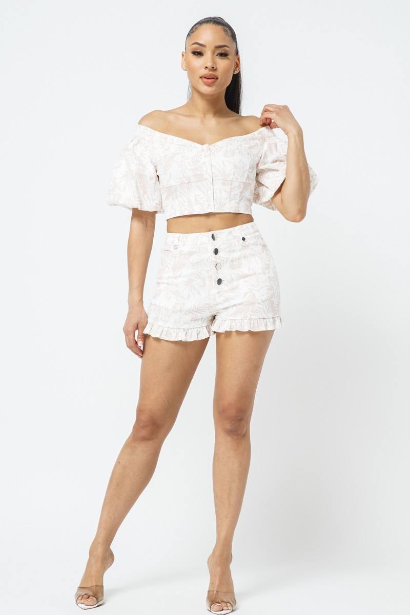 Cotton Off-shoulder Puff Sleeve Crop Top With Matching Shorts Set - AM APPAREL