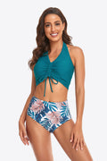 Conjunto de bikini con detalle de cordón y cuello halter con estampado botánico