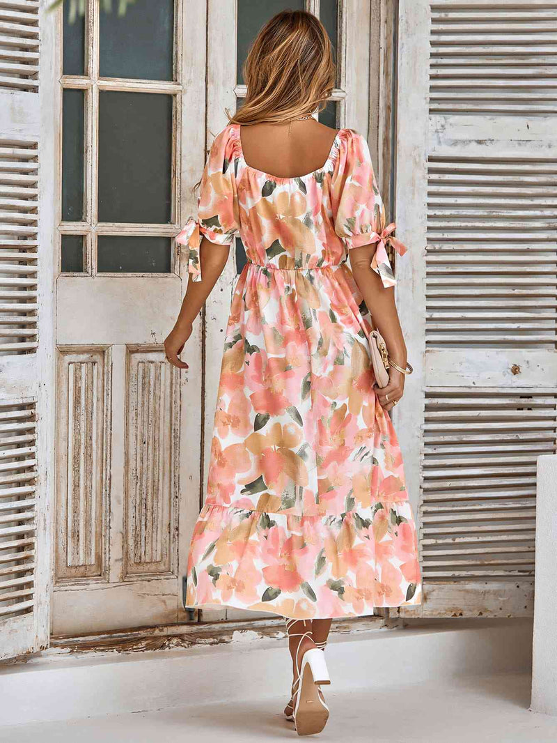 Floral Tie Cuff Surplice Neck Dress