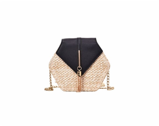 Hexagon Style Straw+Leather Handbag - AM APPAREL