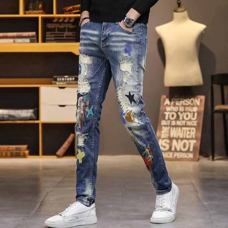 JJD Men’s Distressed Embroidery Jeans - AM APPAREL