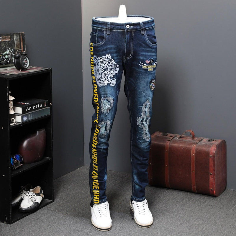 Men's Autumn Patchwork Tiger Embroidery Jeans - AM APPAREL