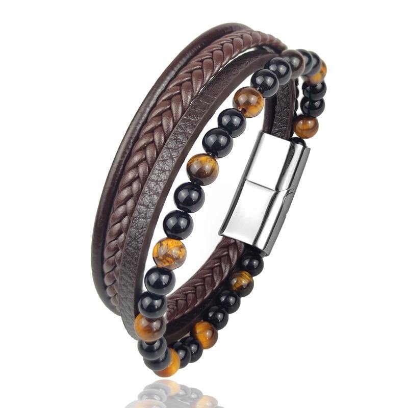 Men's Boho Beaded Leather Bracelet - AM APPAREL