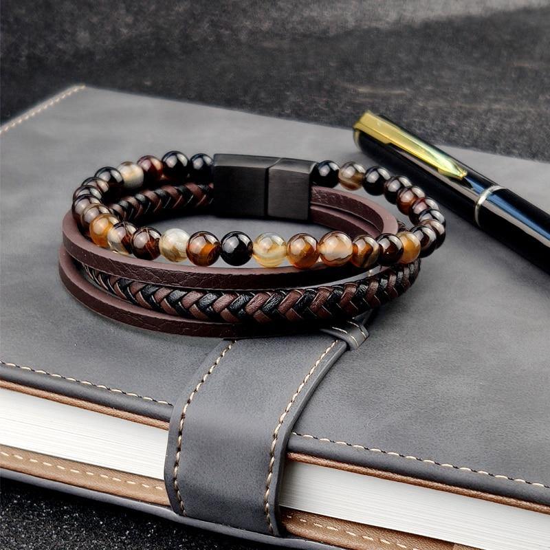 Men's Boho Beaded Leather Bracelet - AM APPAREL