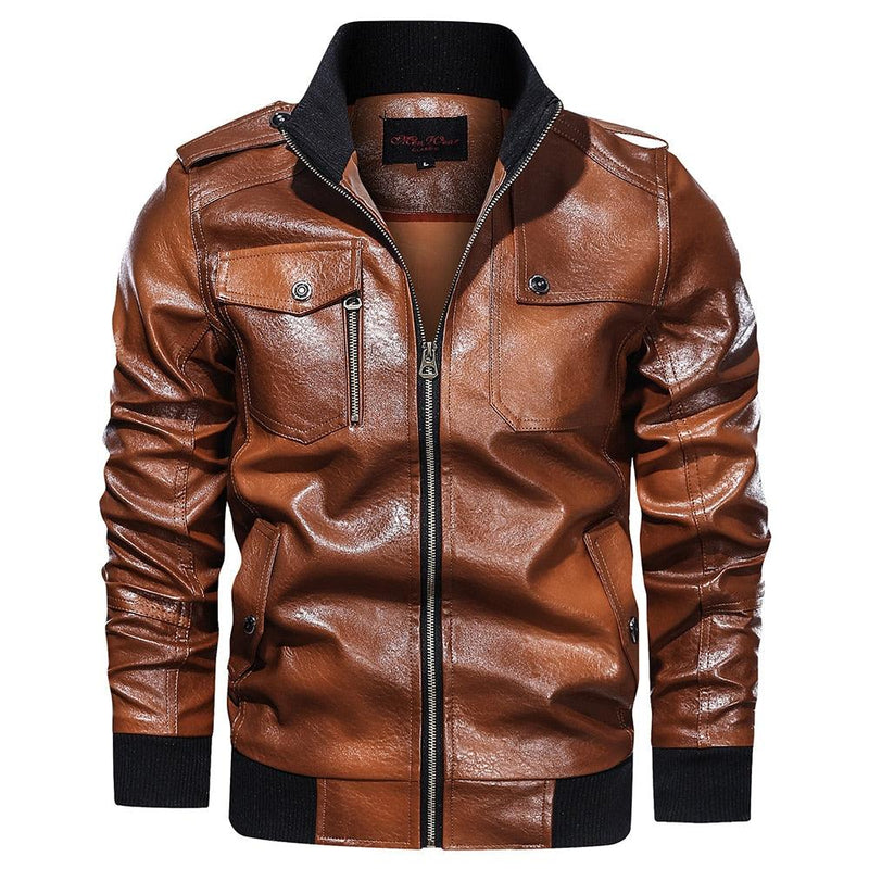 Men's Classical Motorcycle Fleece Faux Leather Jacket - AM APPAREL