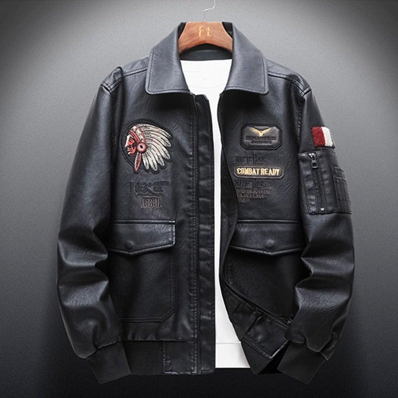 Men's Embroidered Motorcycle Faux Leather Jacket - AM APPAREL