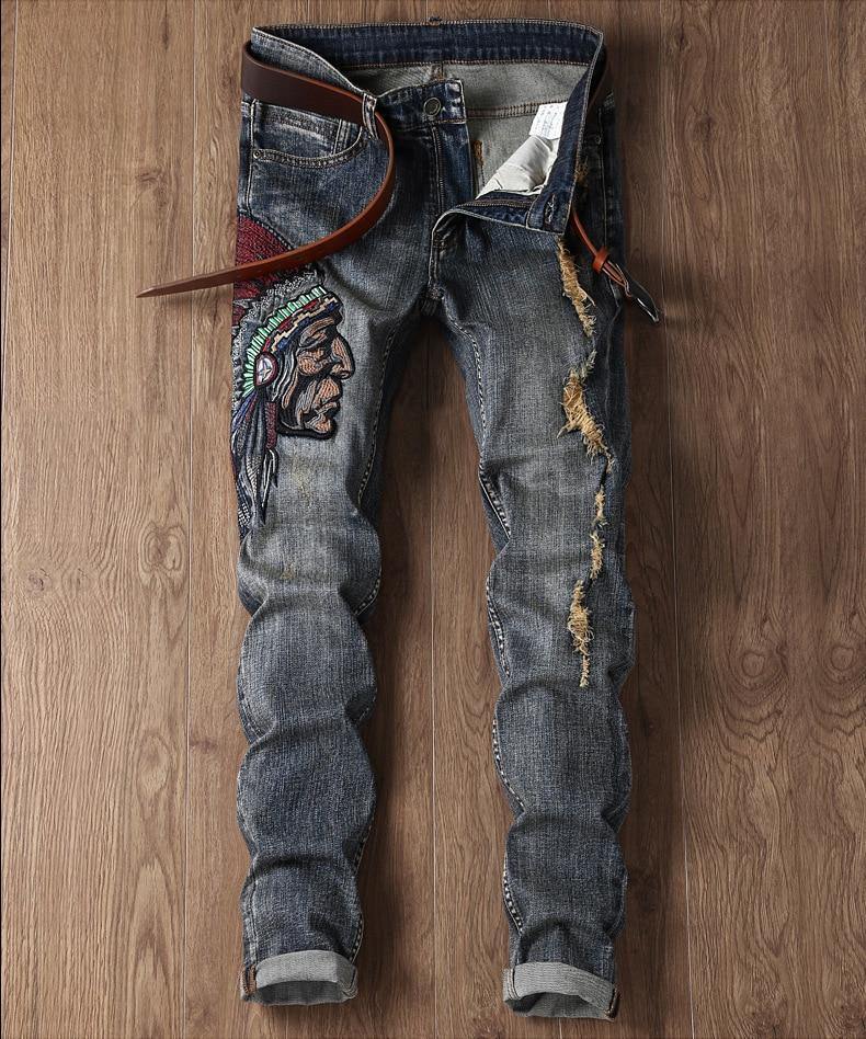 Men's Embroidery Distressed Loose Fit Jeans - AM APPAREL