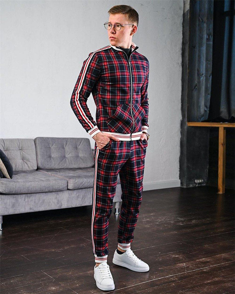 Men's Fashion Plaid Two Piece Tracksuit - AM APPAREL