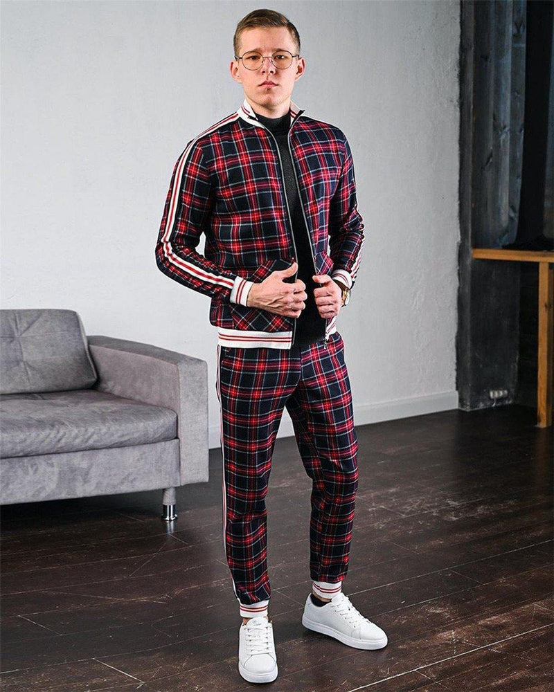 Men's Fashion Plaid Two Piece Tracksuit - AM APPAREL