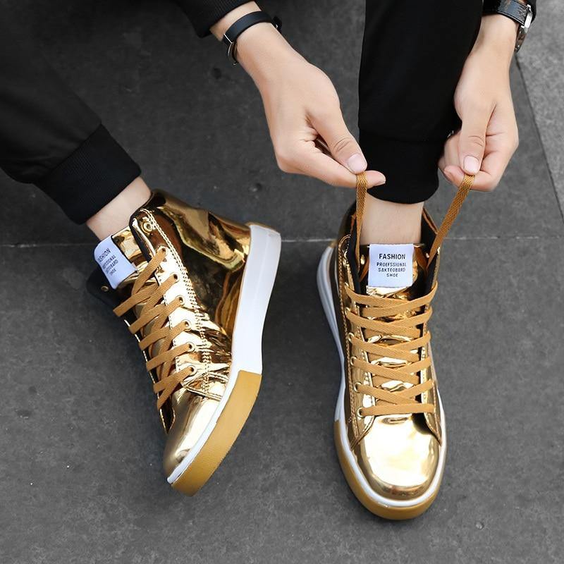 Men's Faux Leather High Top Shinny Sneakers - AM APPAREL