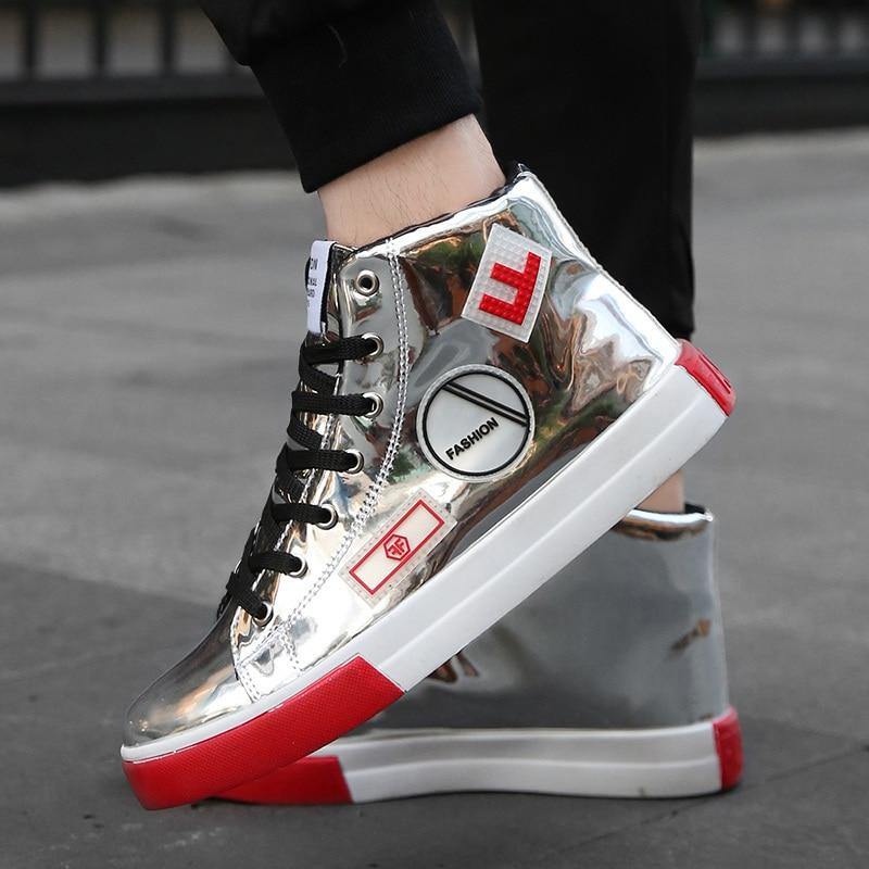 Men's Faux Leather High Top Shinny Sneakers - AM APPAREL