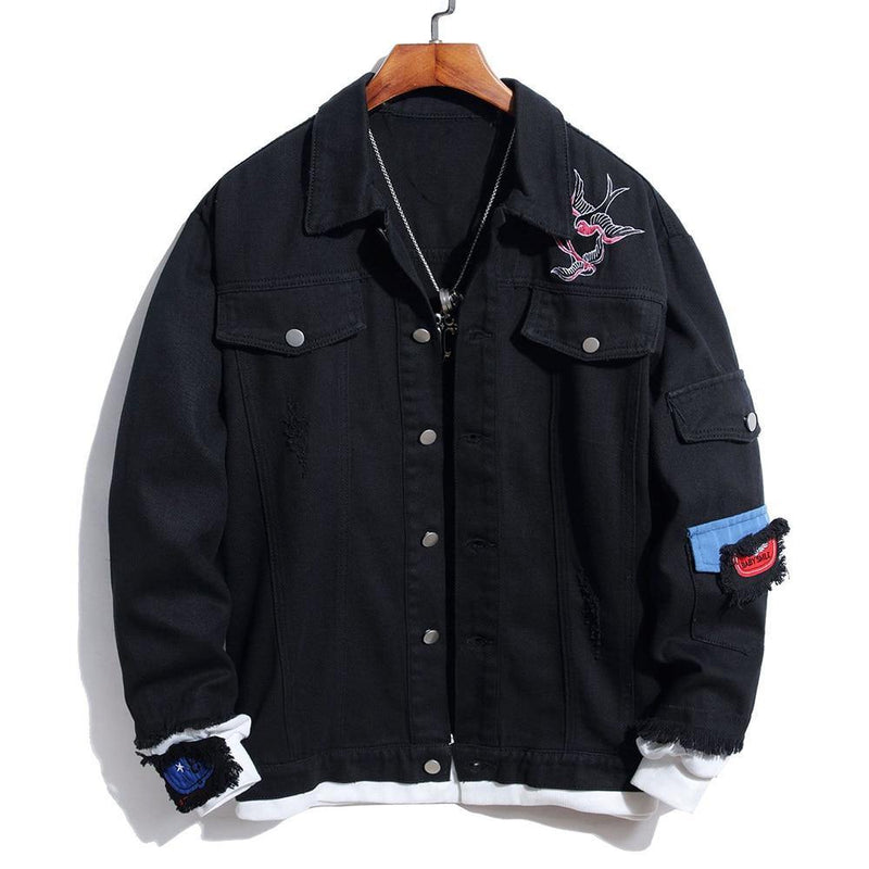 Men's Flower Print Black Denim Jacket - AM APPAREL